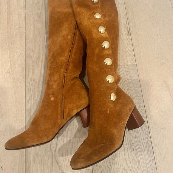 Chloé Suede Gold Button Knee-High Boots - Picture 1 of 6